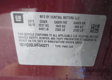 2015 Chevrolet Malibu 1Lt z USA, uszkodzony, nr VIN 1G11C5SL3FF343271